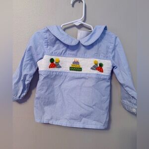 Smocked Blue Gingham Peter Pan Collar Birthday Party Toddler Shirt